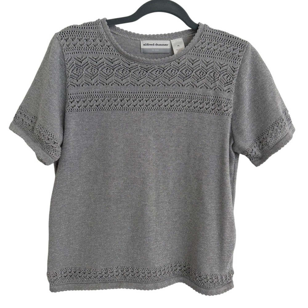 Alfred Dunner Silver Metallic Pointelle Knit Top Women Petite Large